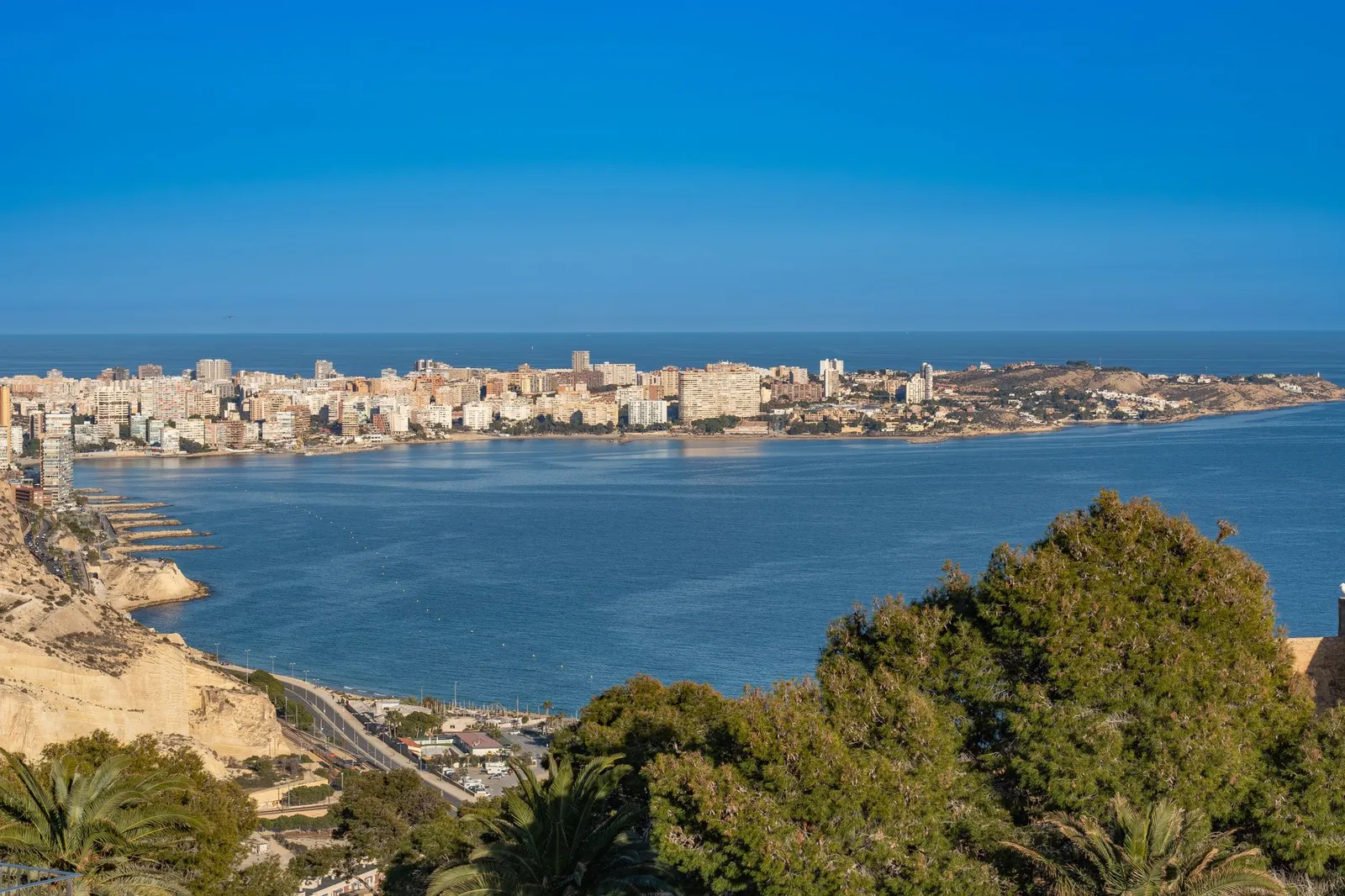 Stunning panoramic view of Alicante's coastline with clear blue skies and lush greenery.