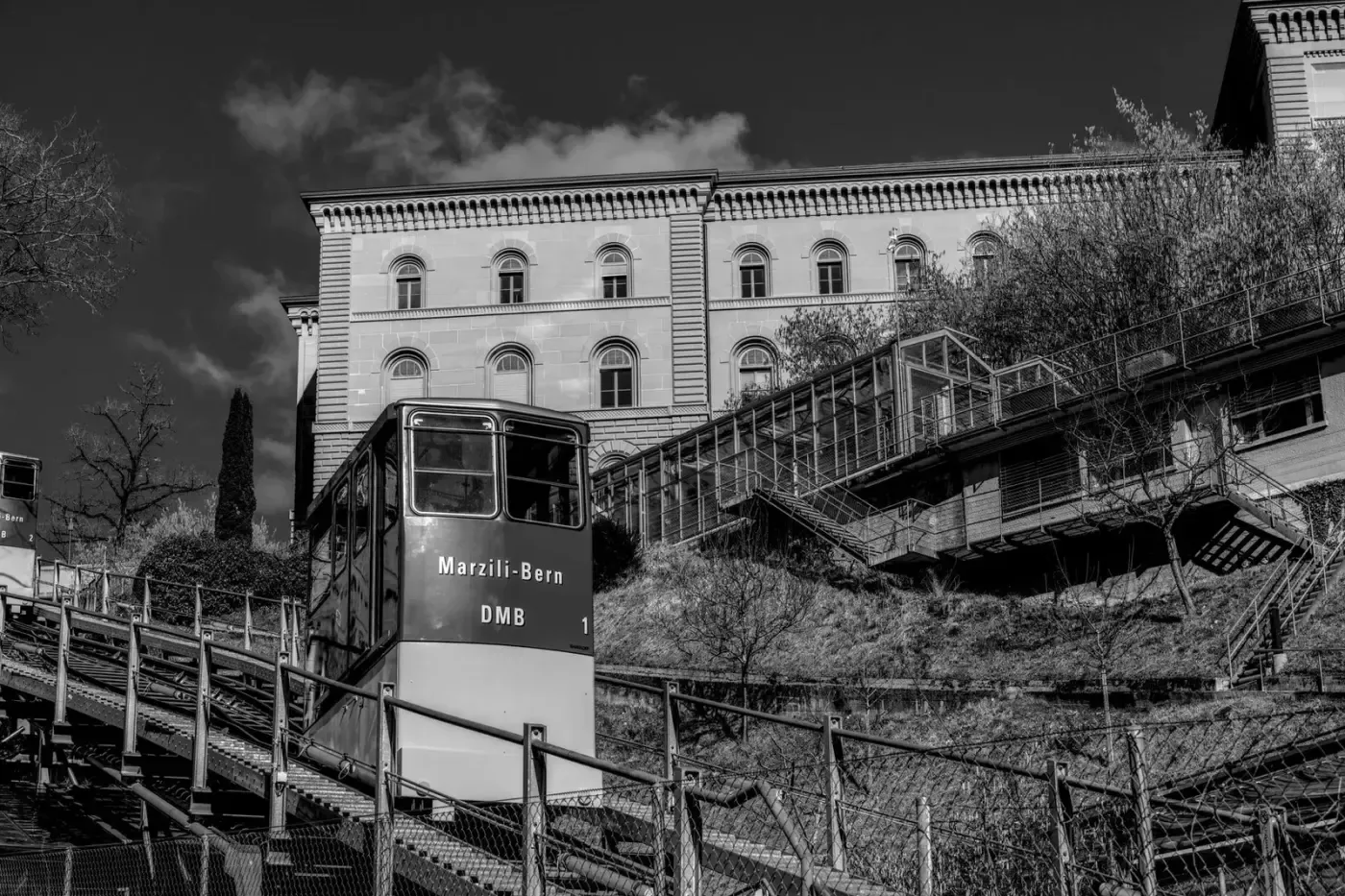 Black and white image of the Marzili funicular in Bern, Switzerland.