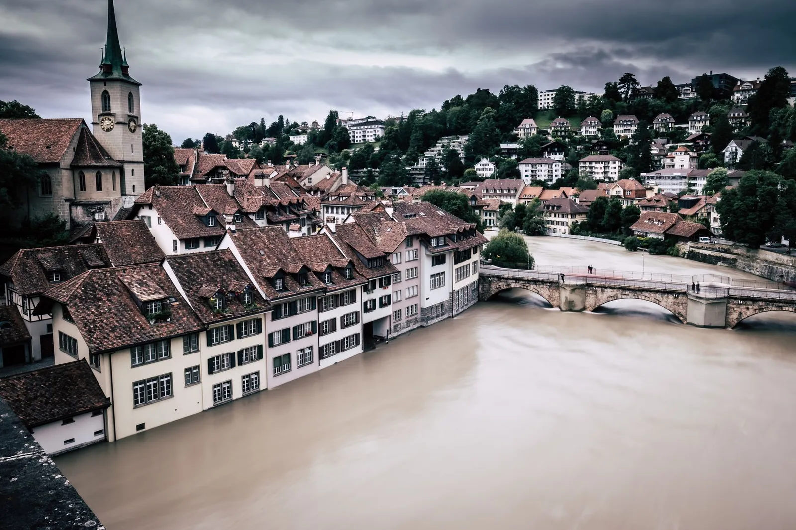 Aerial view of Aare River flooding the historic Old Town of Bern, Switzerland.