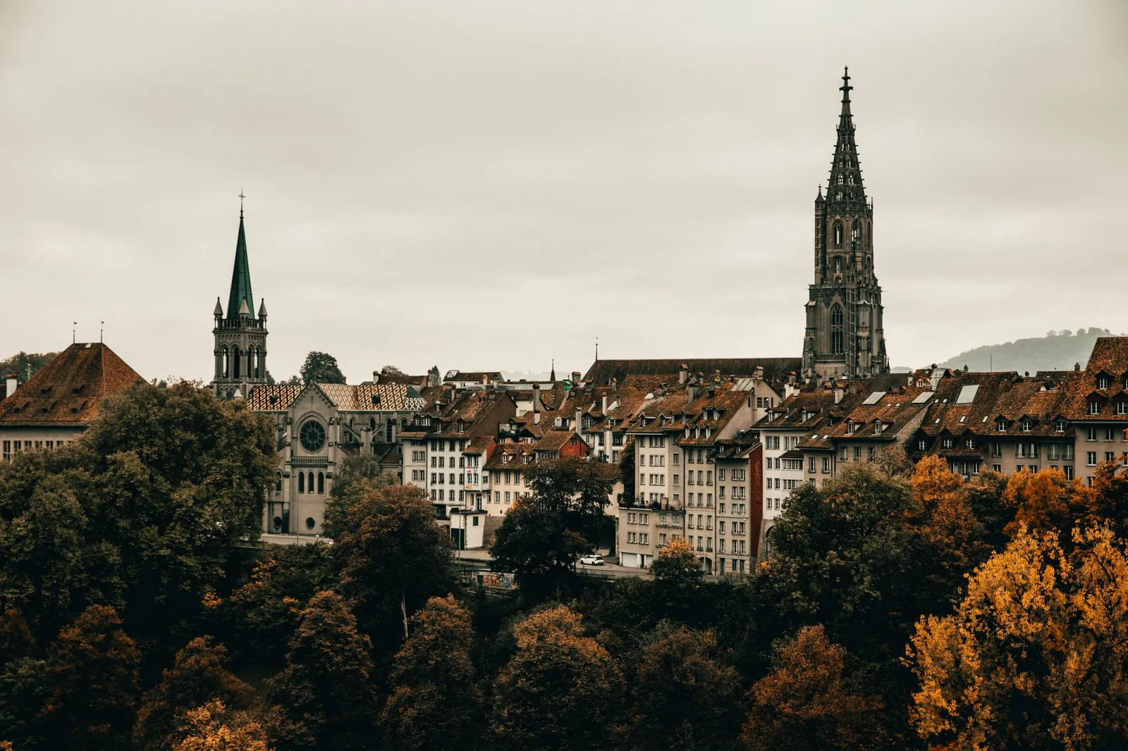 Explore the gothic architecture and vibrant autumn colors of Berne's cityscape from an elevated viewpoint.