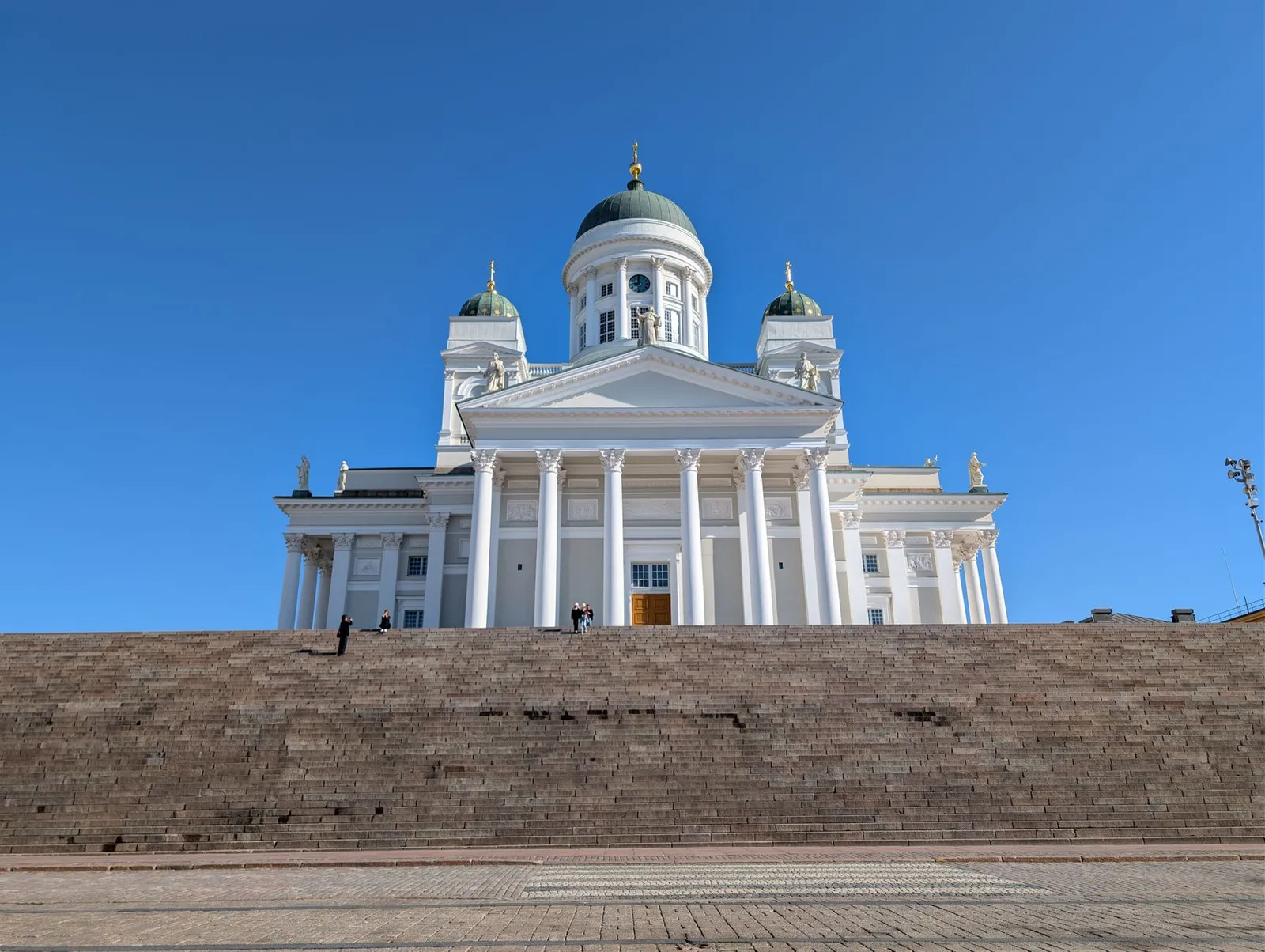 Elevated view of Helsinki Cathedral against a clear blue sky during day in Finland.