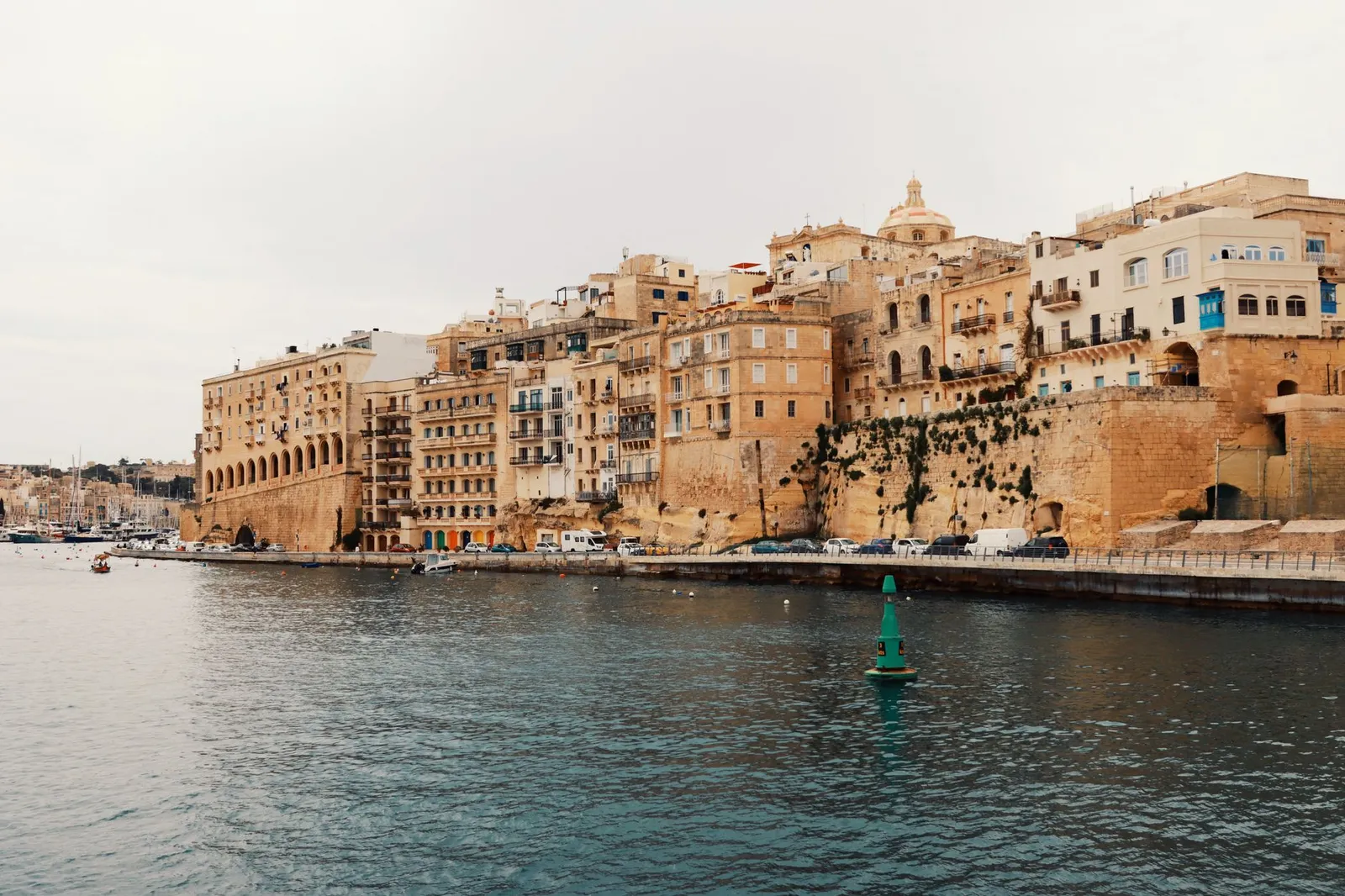 Historic architecture along Valletta's waterfront, Malta's capital city.