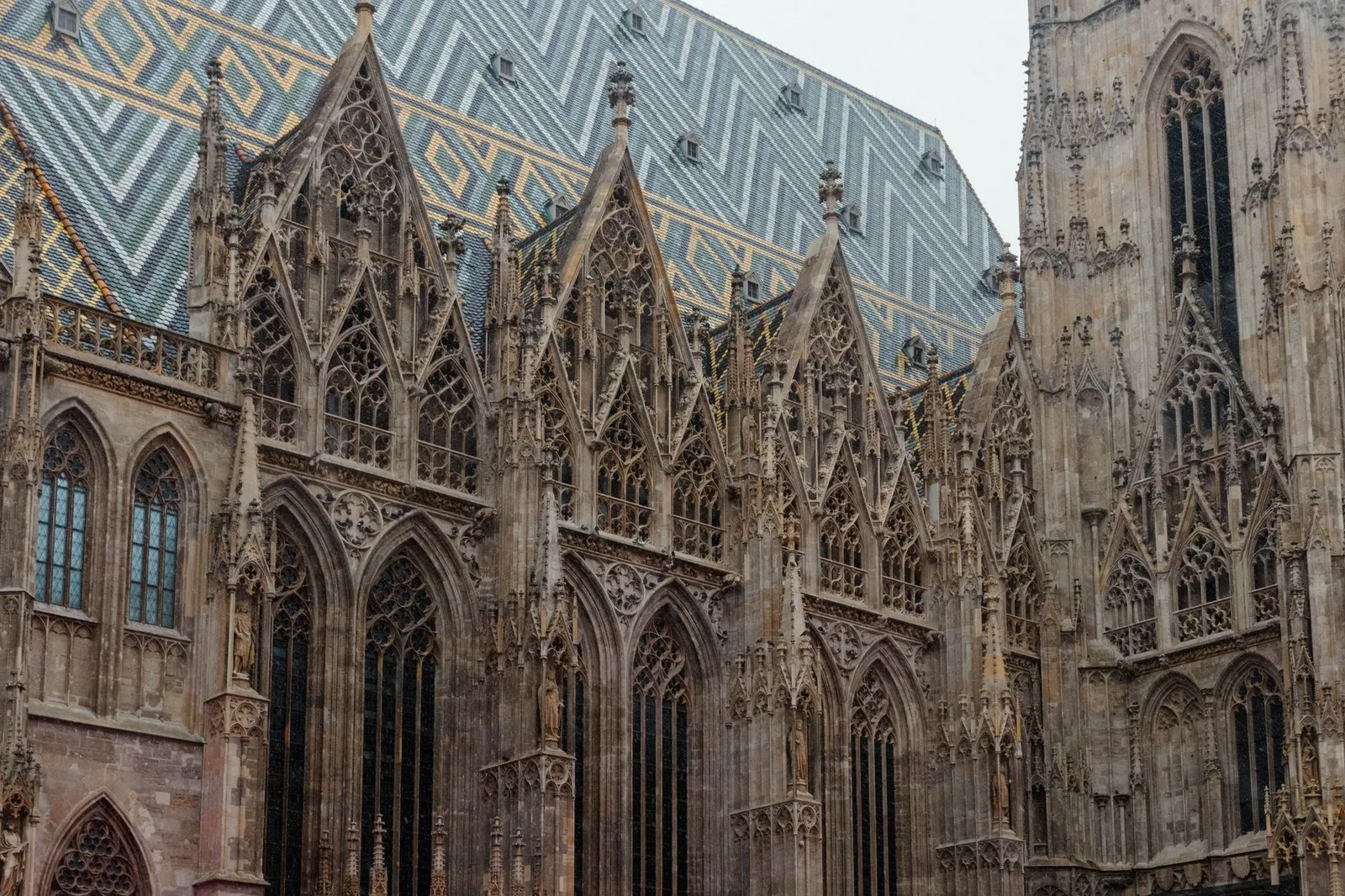 A detailed view of the ornate gothic architecture of St. Stephen's Cathedral, Vienna, Austria.