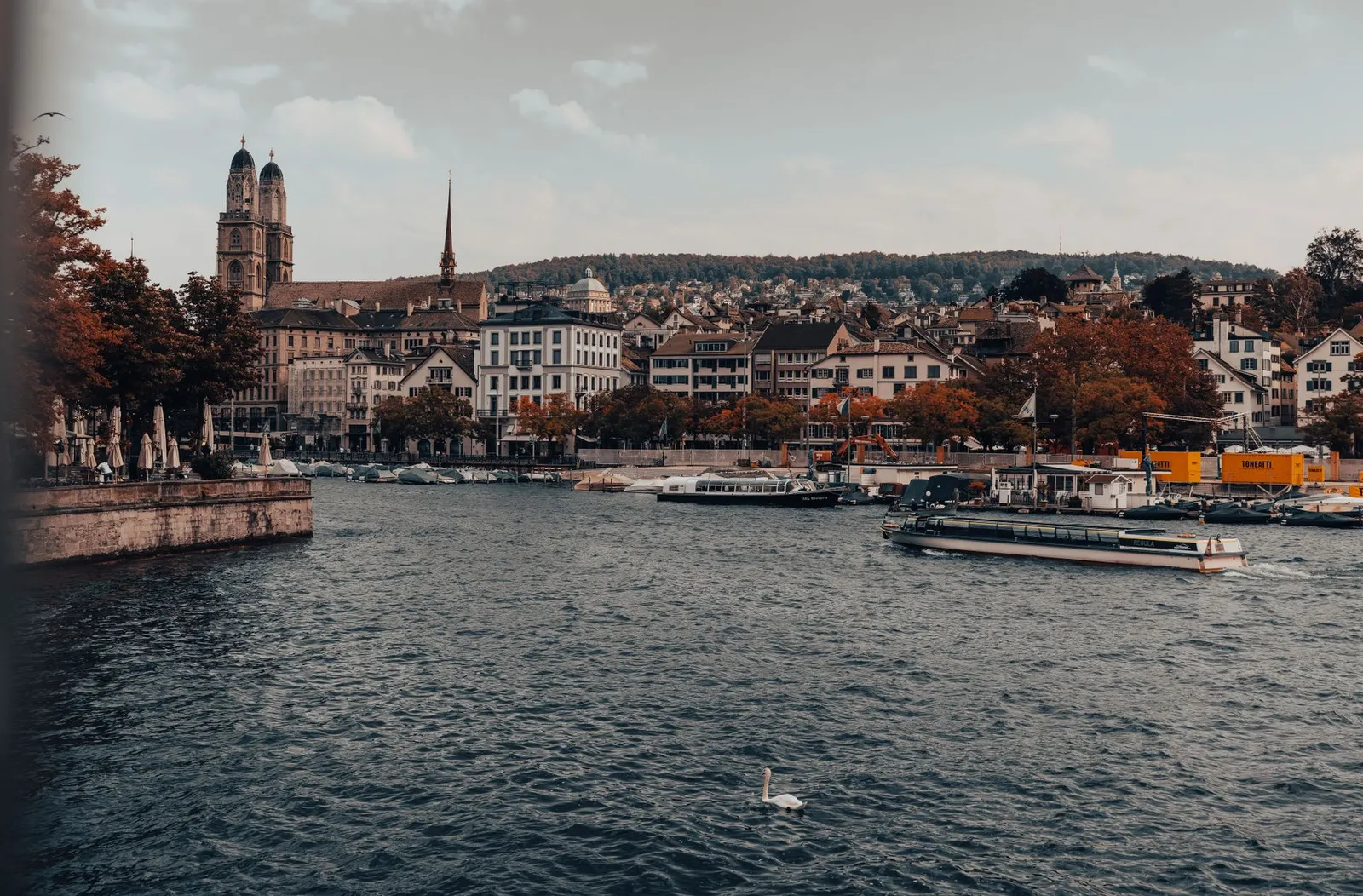 Serene autumn view of Zurich's waterfront featuring the Grossmünster church and urban architecture.